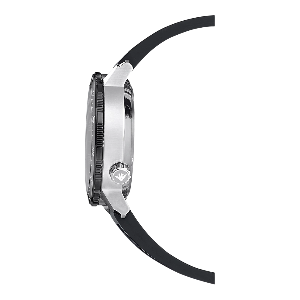 Seitenansicht einer silbernen Uhr mit schwarzem Armband und schwarzer Lünette.