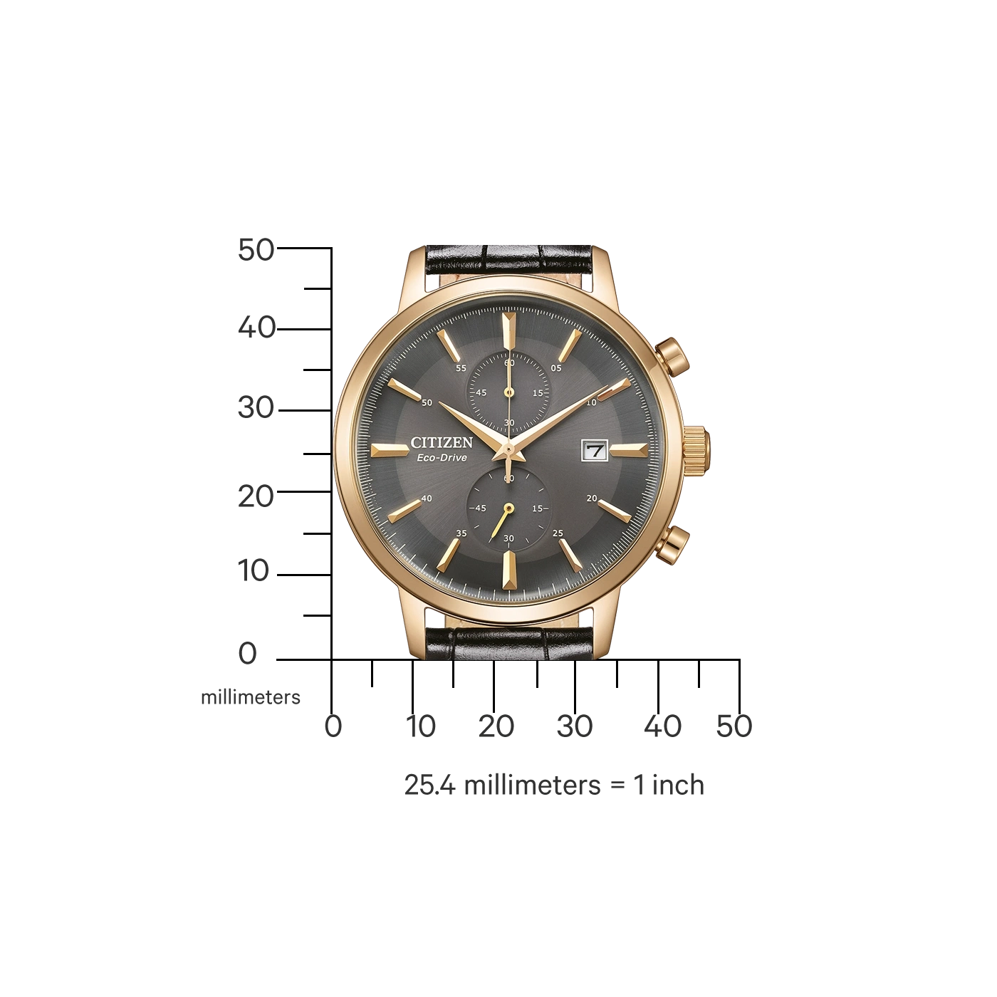 Citizen Eco-Drive Uhr mit goldenem Gehäuse und schwarzem Lederarmband, graues Zifferblatt.