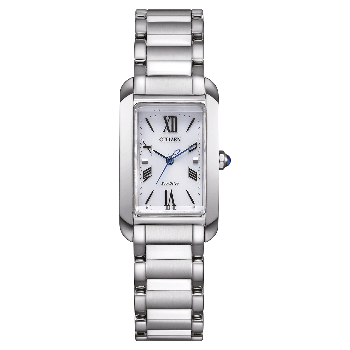 Citizen-Uhr mit weißem Zifferblatt und silbernem Armband, Eco-Drive-Technologie.