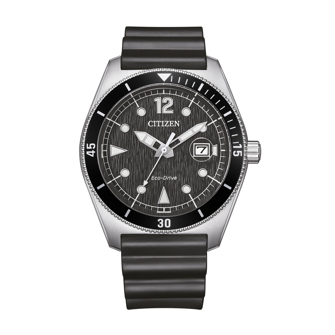 Eine Citizen Eco-Drive Uhr mit schwarzem Zifferblatt und Kautschukarmband.