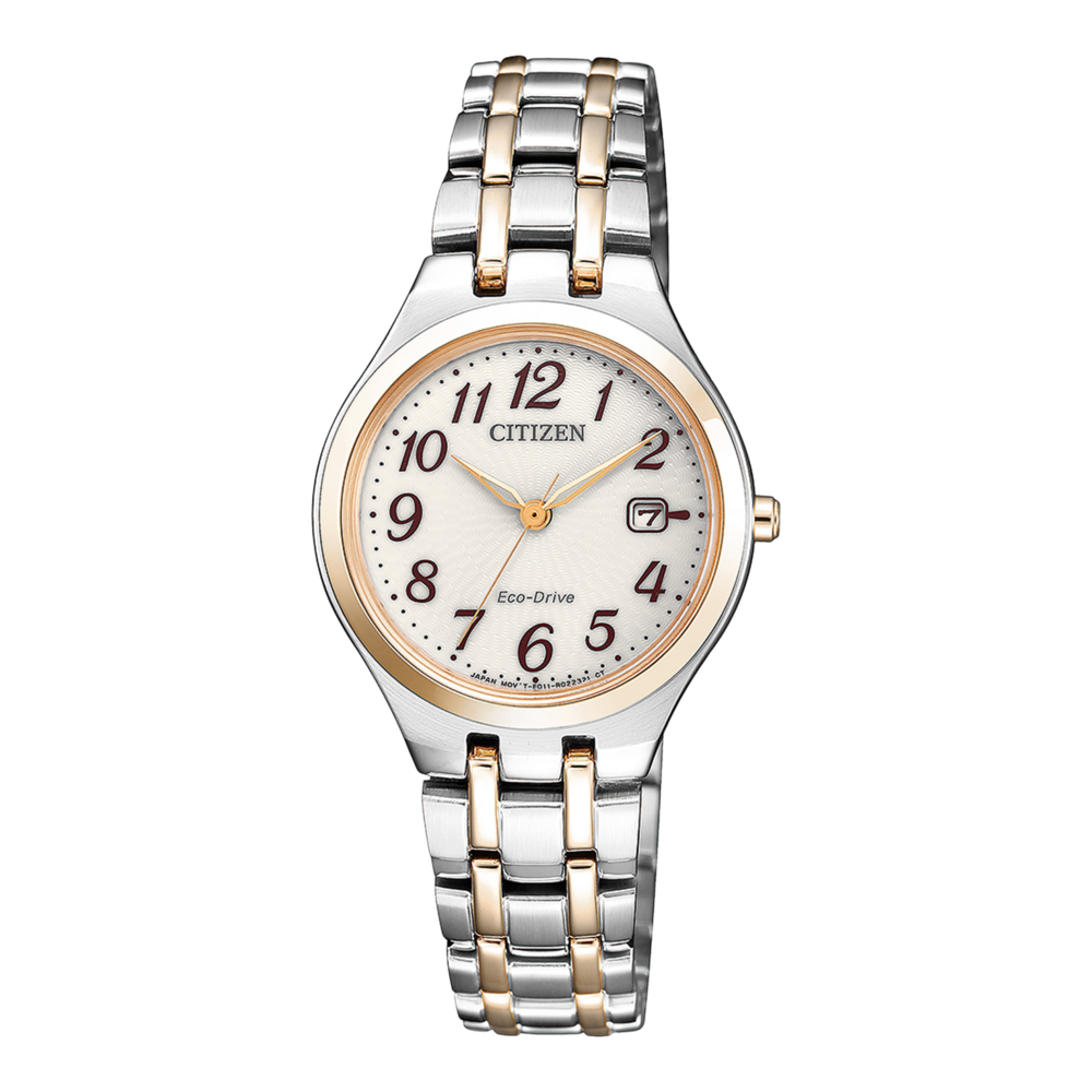 Citizen-Uhr mit silbernem und goldenem Armband, weißem Zifferblatt und Datumsanzeige.