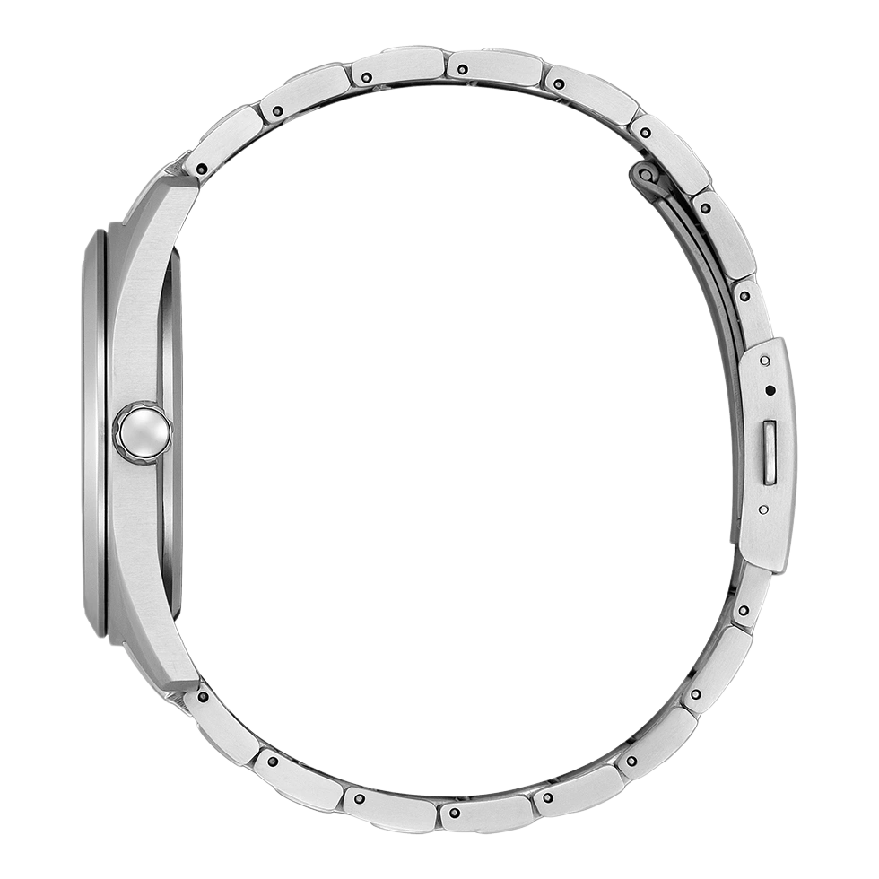 Silberne Uhr mit rundem Band, Seitenansicht, elegantes Design, Edelstahl