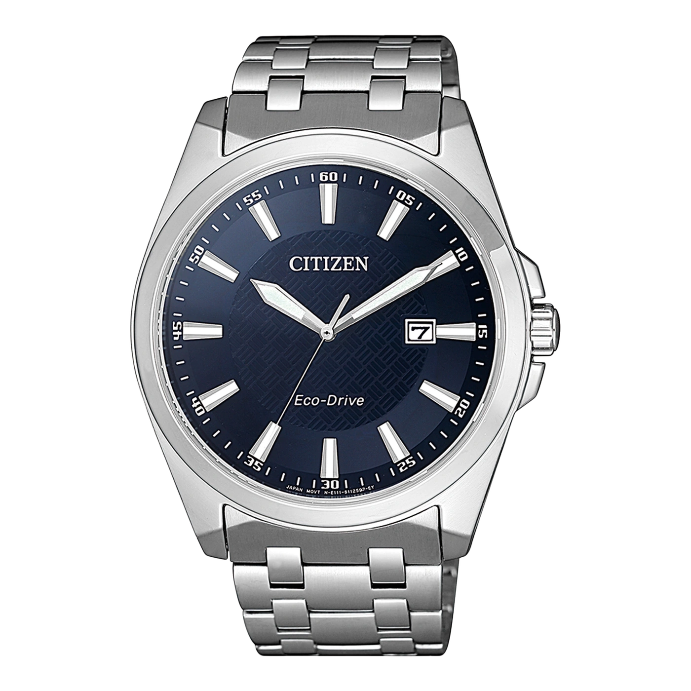 Citizen-Uhr mit blauem Zifferblatt und silbernem Armband, Eco-Drive-Technologie und Datumsanzeige.
