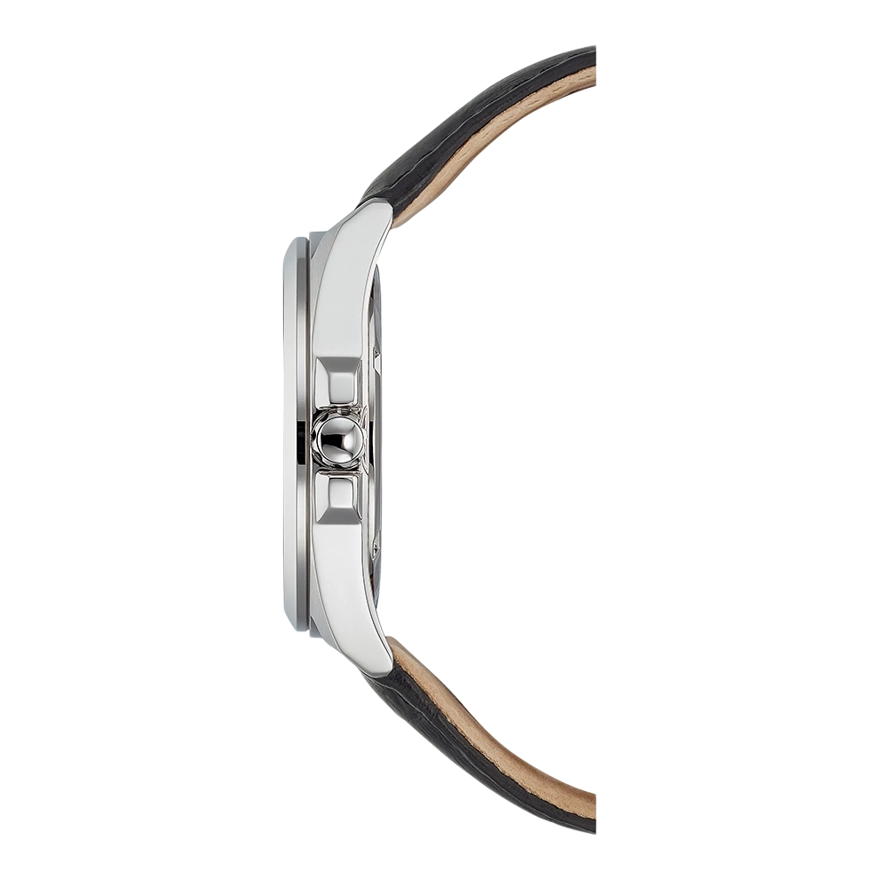 Seitenansicht einer silbernen Uhr mit schwarzem Lederarmband