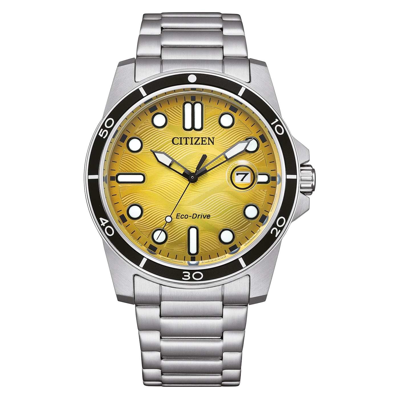 Citizen-Uhr mit goldenem Zifferblatt und silbernem Armband, Eco-Drive-Technologie.