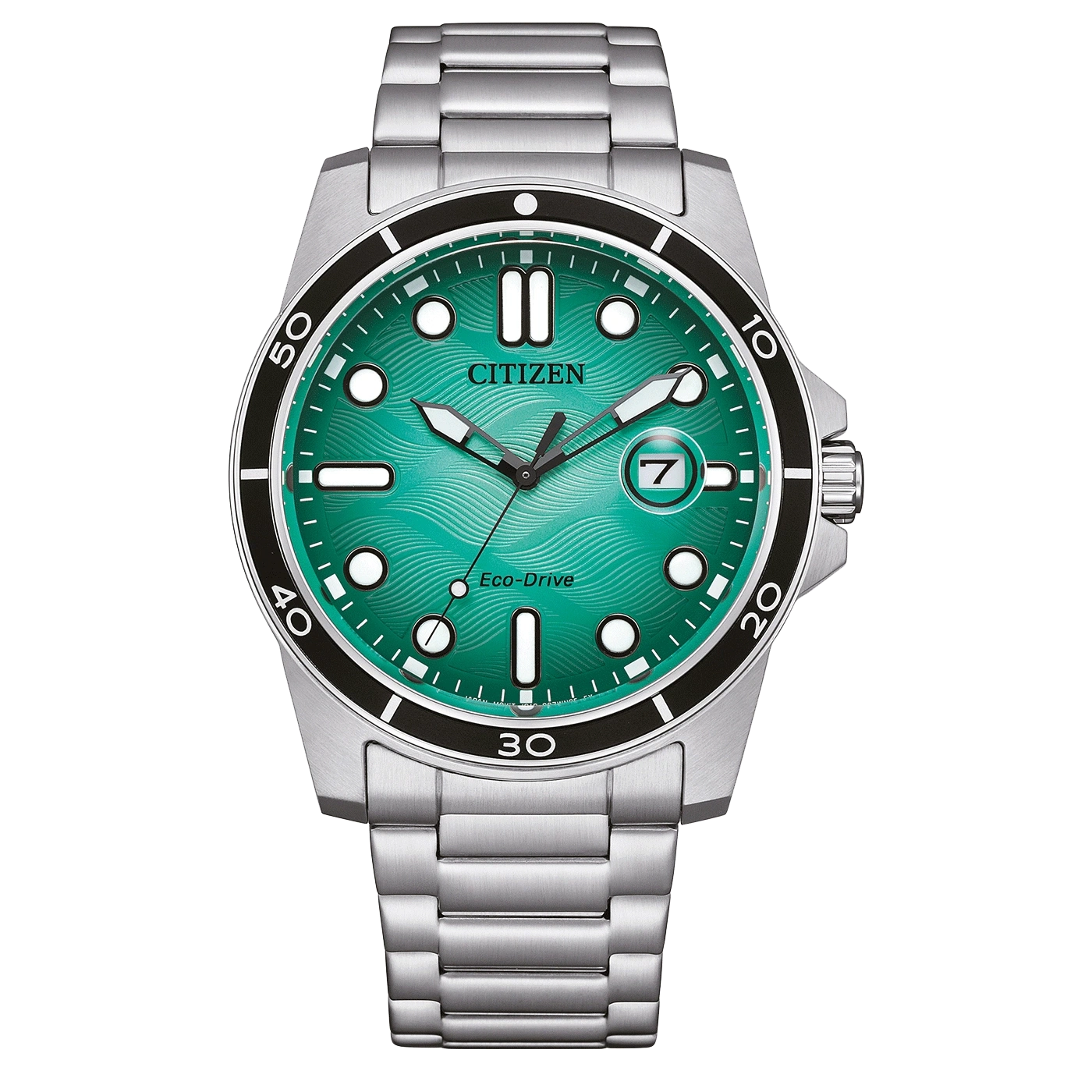 Citizen-Uhr mit grünem Zifferblatt und silbernem Armband, Eco-Drive-Technologie.