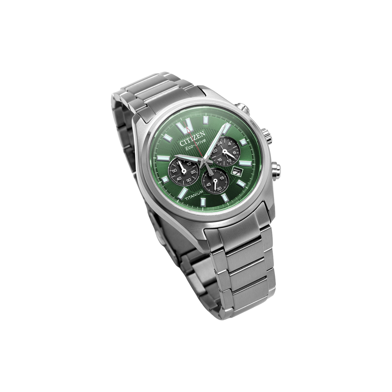 Eine silberne Citizen Eco-Drive Uhr mit grünem Zifferblatt und Metallarmband.