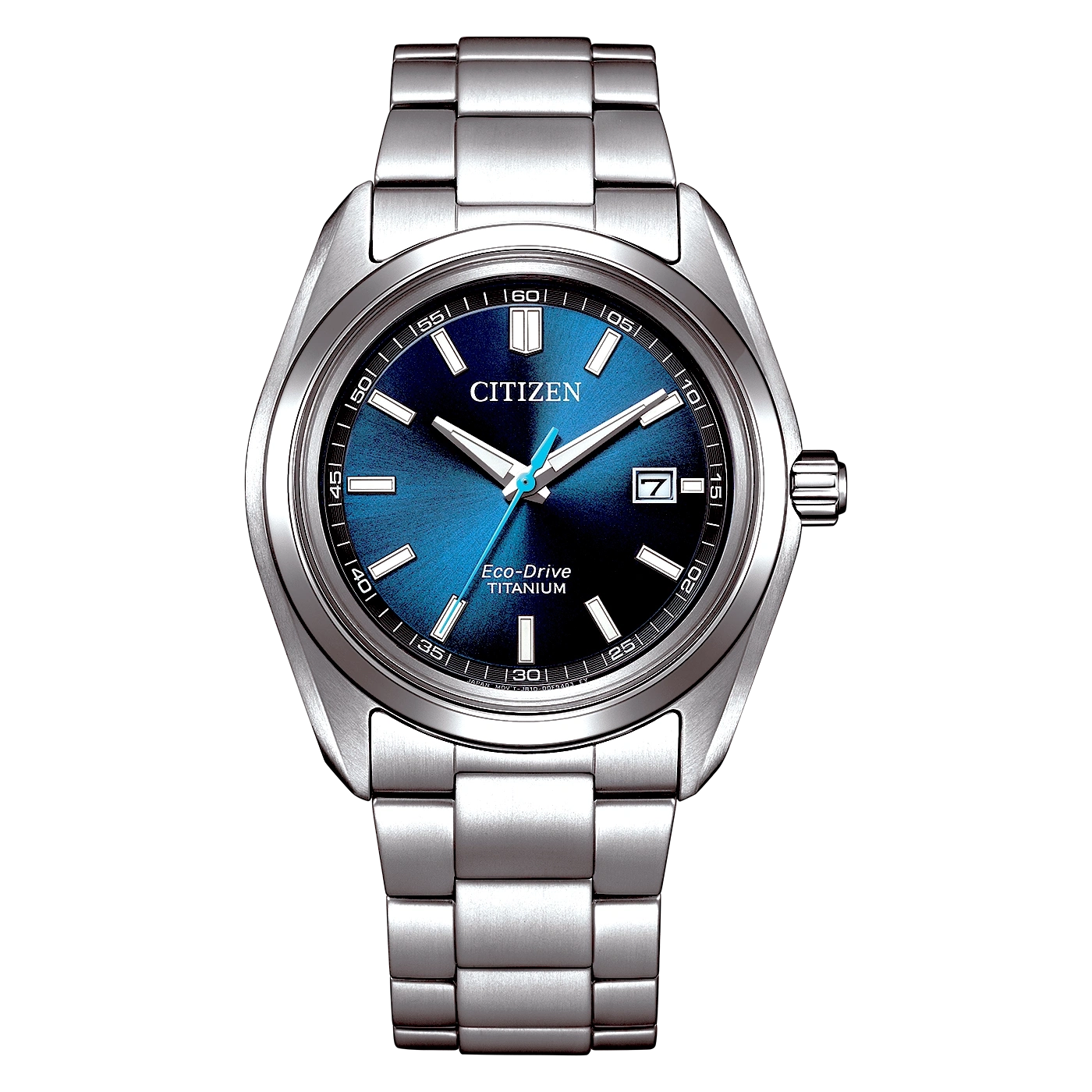 Eine Citizen Eco-Drive Titanium Uhr mit blauem Zifferblatt.