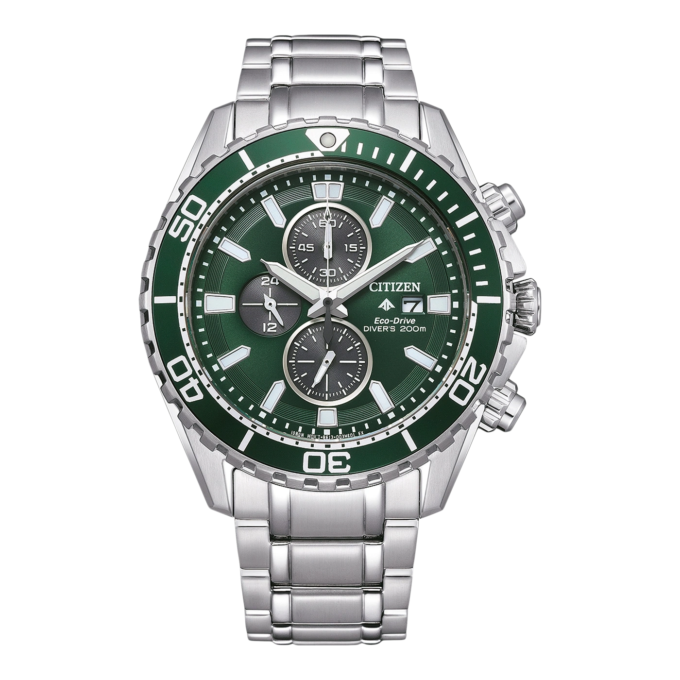 Citizen Eco-Drive Taucheruhr mit grünem Zifferblatt und silbernem Armband, Chronograph.