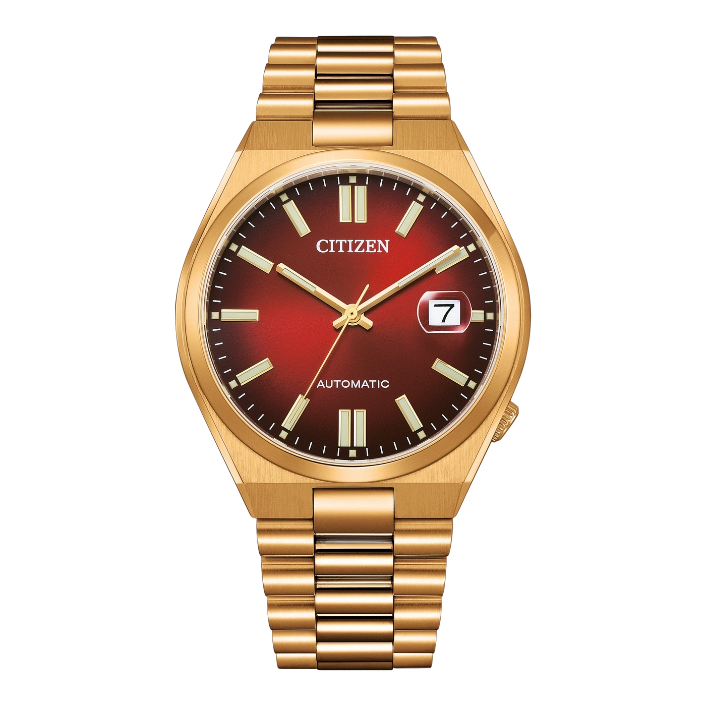 Goldene Citizen-Uhr mit rotem Zifferblatt und Datumsanzeige, Automatikwerk.