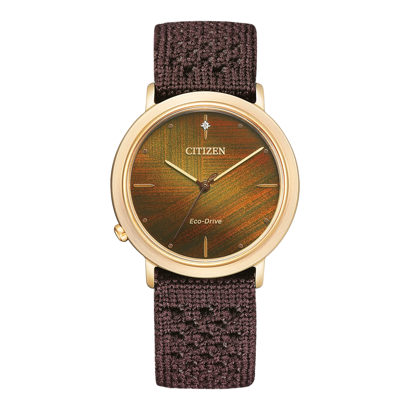 Citizen-Uhr mit goldenem Gehäuse, braunem Armband und farbenfrohem Zifferblatt.