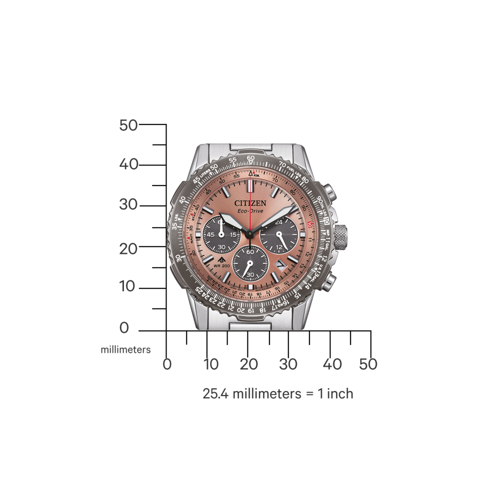 Citizen Eco-Drive Uhr mit roségoldenem Zifferblatt und silbernem Armband, mit Skala.