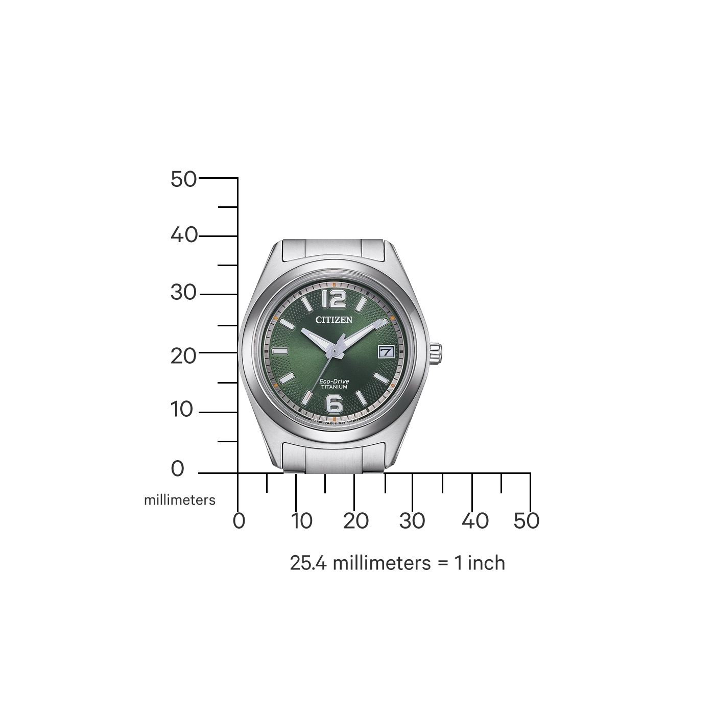 Citizen-Uhr mit grünem Zifferblatt und Titanband, mit einer Millimeterskala.