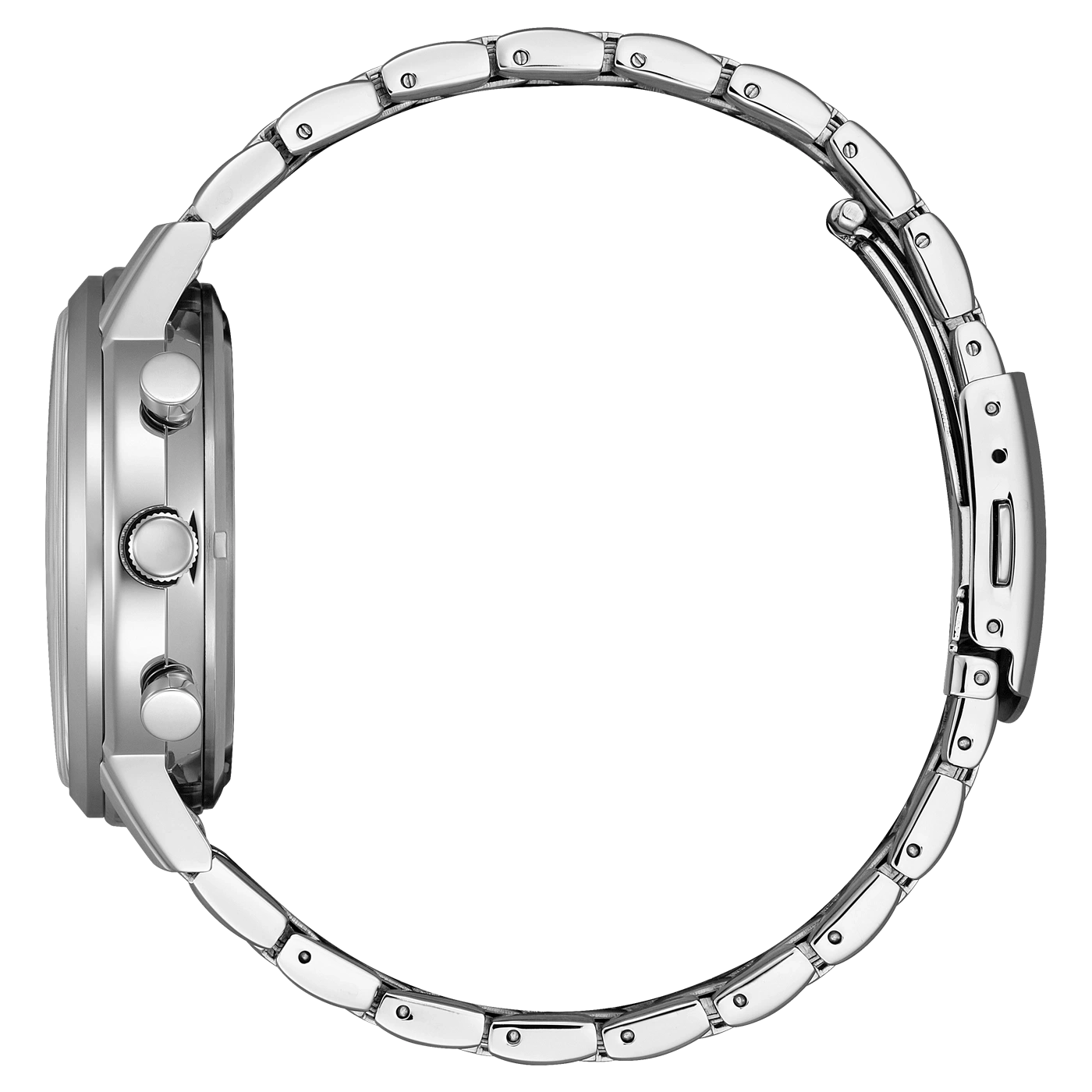 Silberne Uhr mit Metallarmband, Seitenansicht, elegantes Design, glänzend