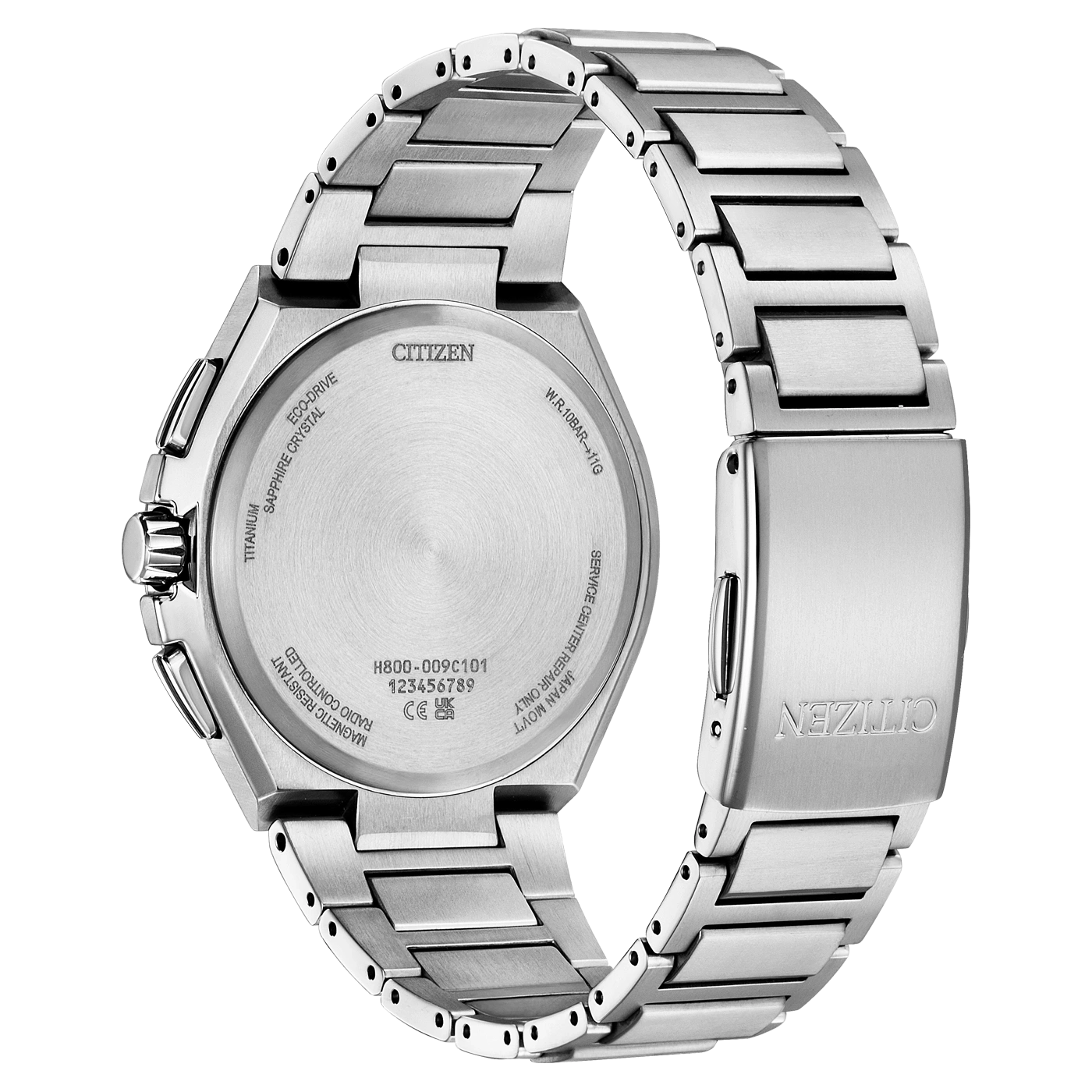 Citizen-Uhrrückseite, Titan, Saphirkristall, Eco-Drive, funkgesteuert, magnetisch resistent.