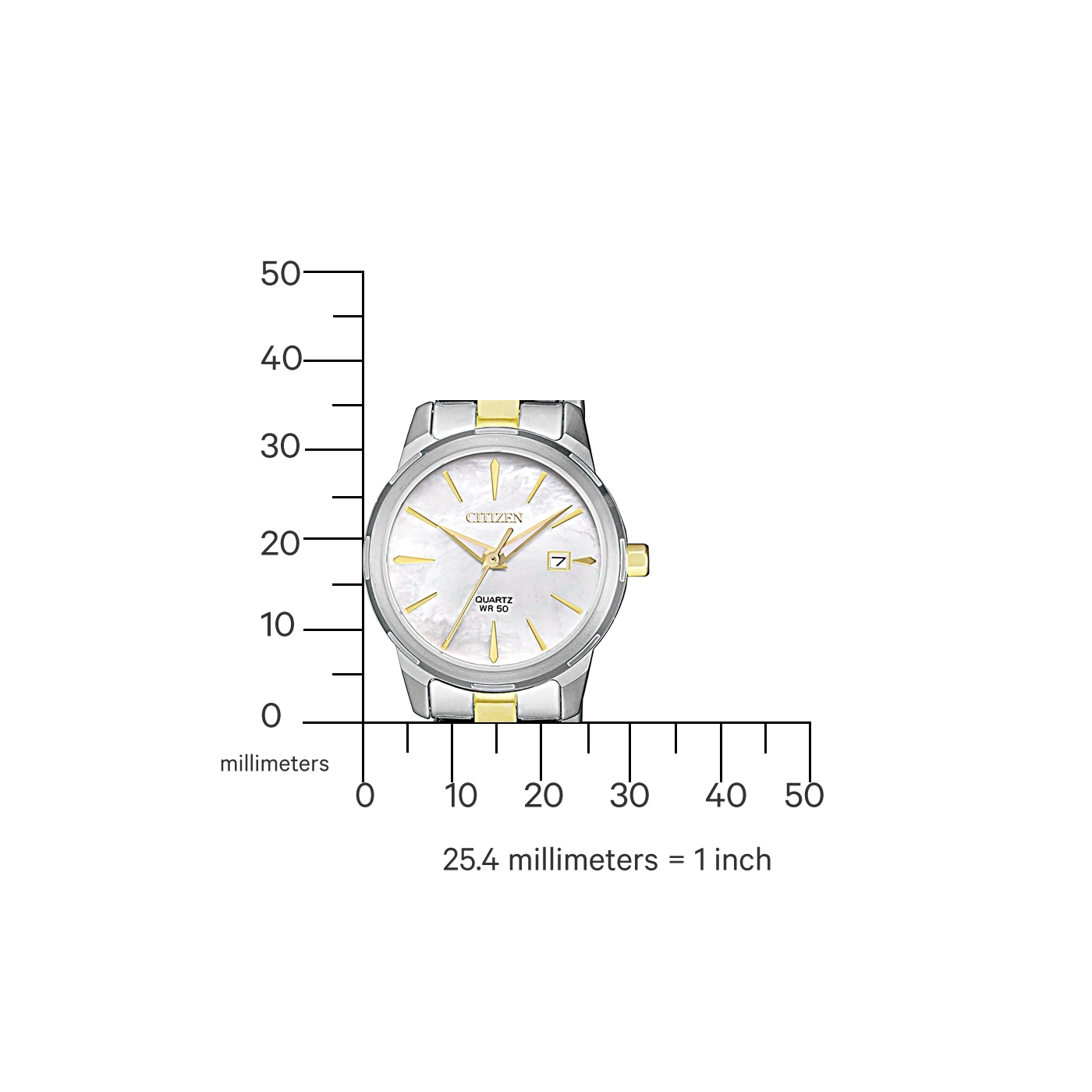 Citizen-Uhr mit goldenen Akzenten, Quarzwerk und Datumsanzeige, mit Millimeterskala.