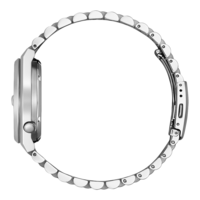 Seitenansicht einer silbernen Armbanduhr mit Metallband, Nahaufnahme.
