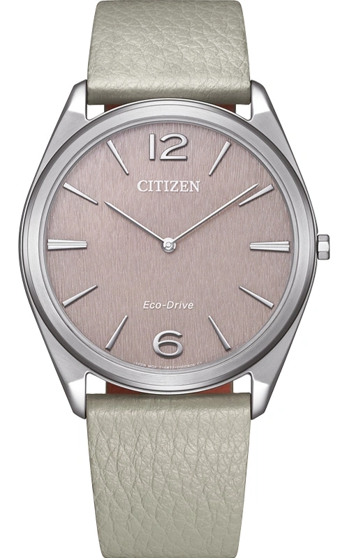 Citizen-Uhr mit hellgrauem Lederarmband und einem rosafarbenen Zifferblatt.