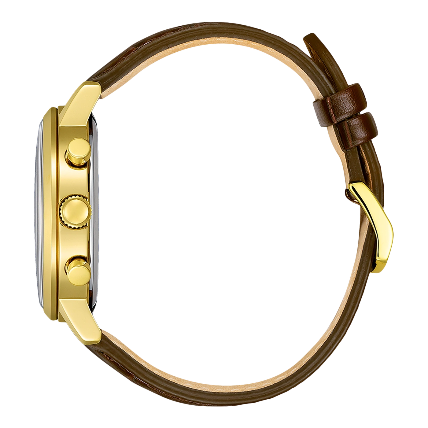 Goldene Uhr mit braunem Lederarmband, Seitenansicht, Nahaufnahme