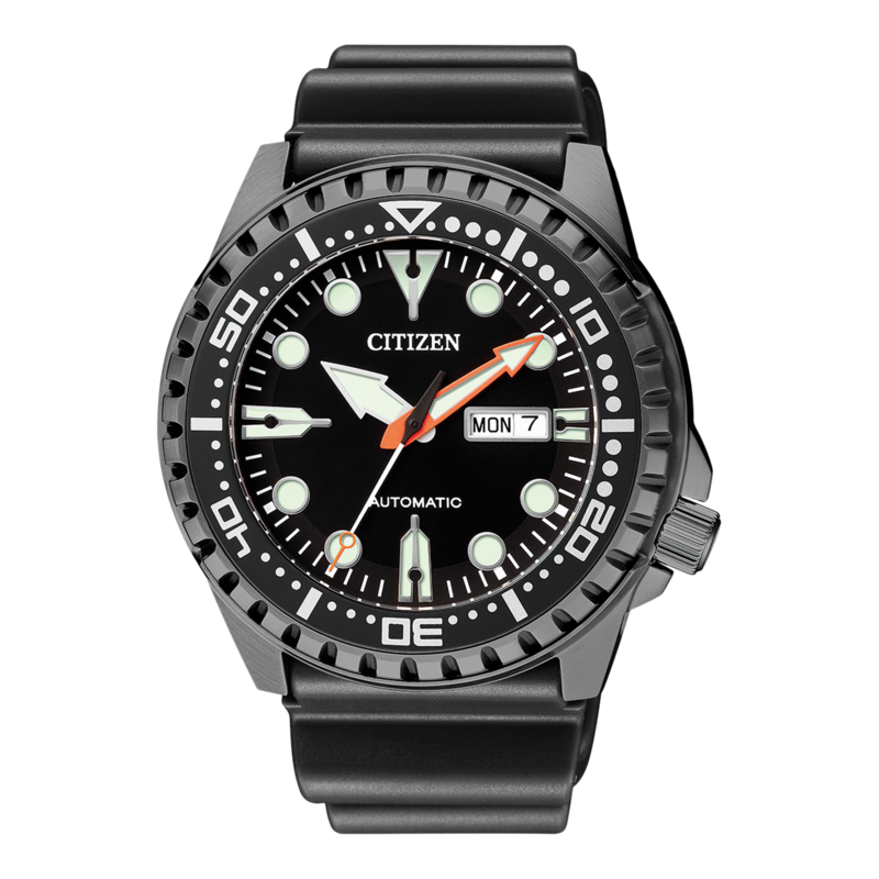 Schwarze Citizen-Uhr mit schwarzem Armband und schwarzem Zifferblatt, Automatik.