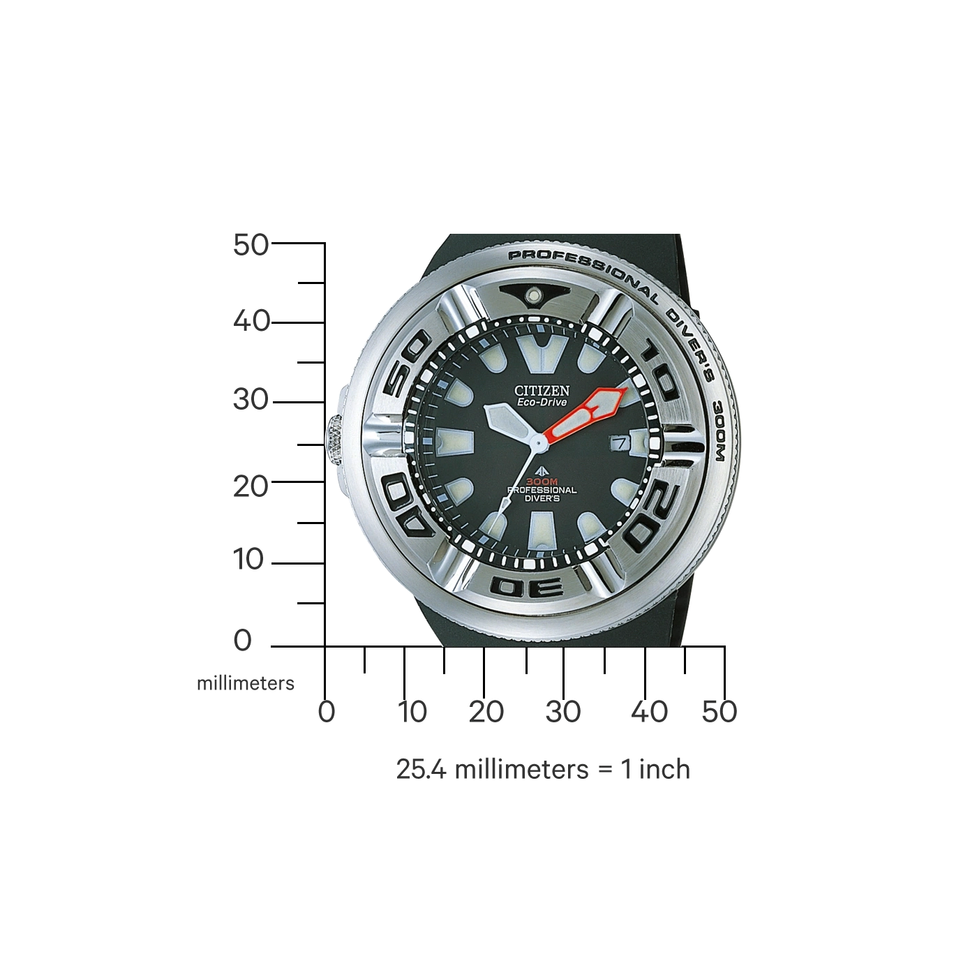 Citizen Eco-Drive Uhr mit schwarzem Zifferblatt und silberner Lünette, 300M Wasserdichtigkeit.