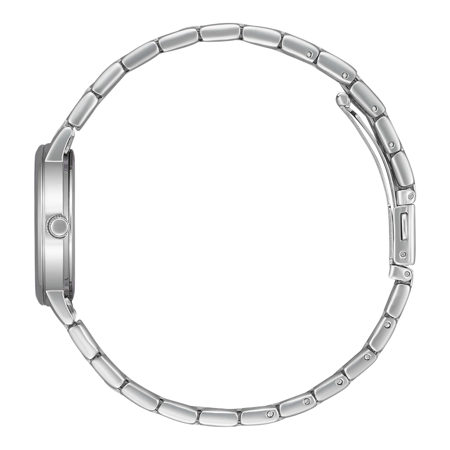 Silberne Uhr mit Metallarmband, Seitenansicht, elegantes Design, rundes Zifferblatt.