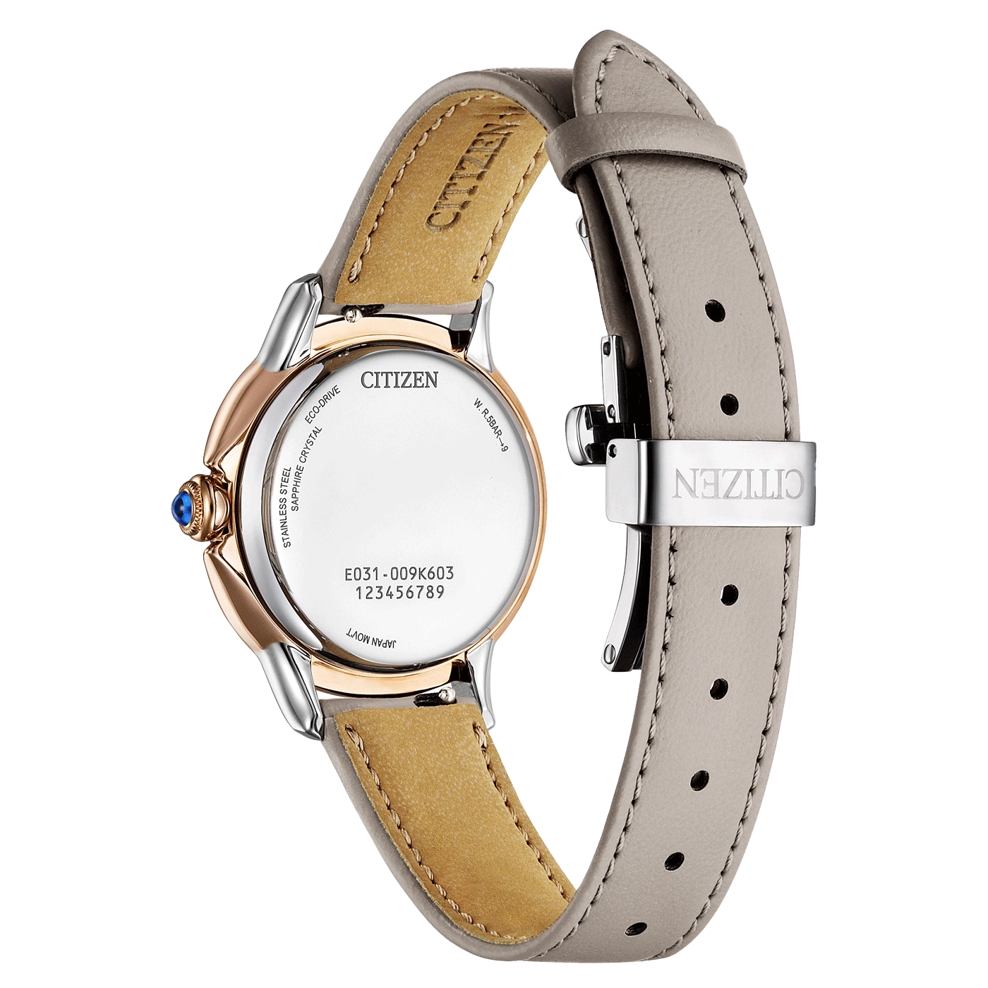 Citizen-Uhr, Edelstahl, Saphirglas, Lederarmband, Eco-Drive, Japan Movt, Detailansicht.