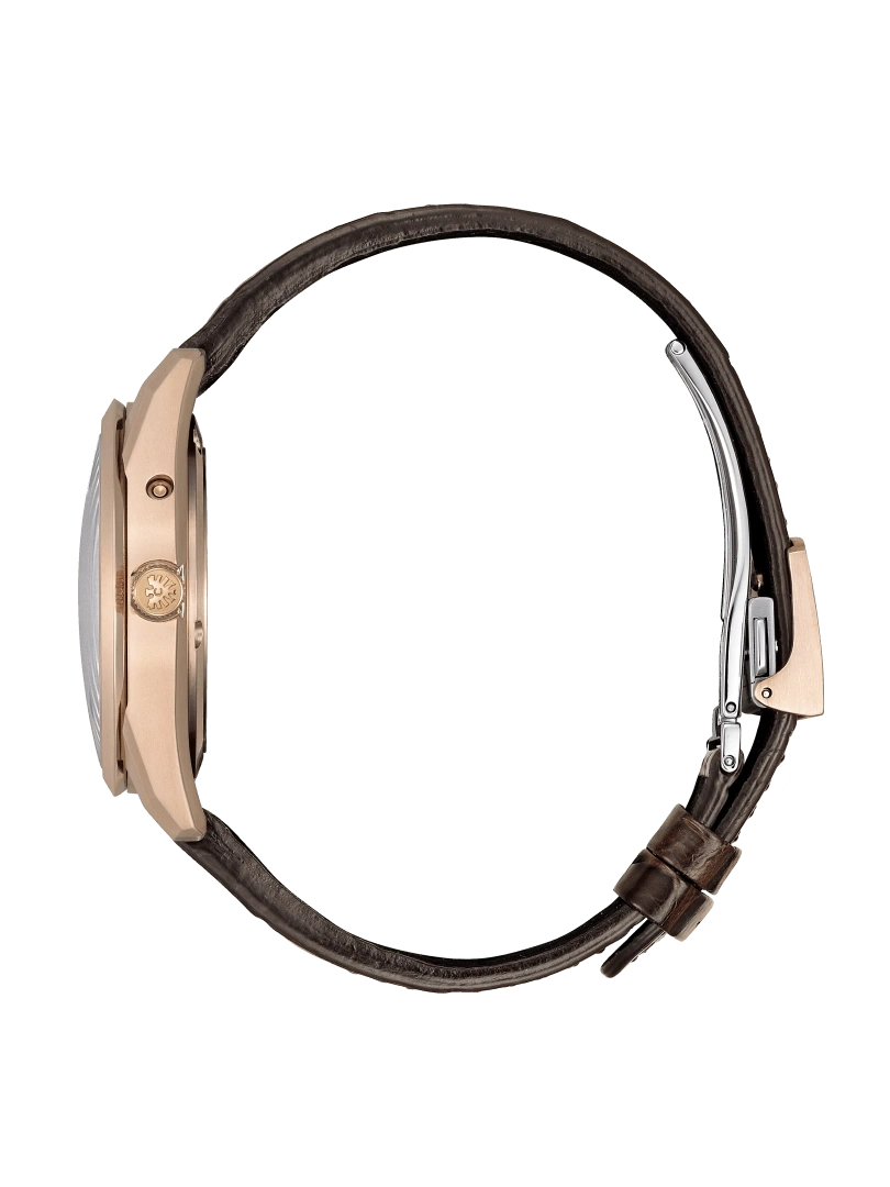 Seitenansicht einer Luxusuhr mit braunem Lederarmband und goldenem Gehäuse.