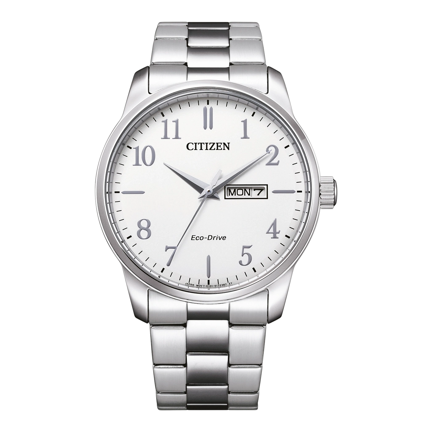 Citizen-Uhr mit weißem Zifferblatt, silbernen Zeigern und Datumsanzeige. Edelstahlarmband.