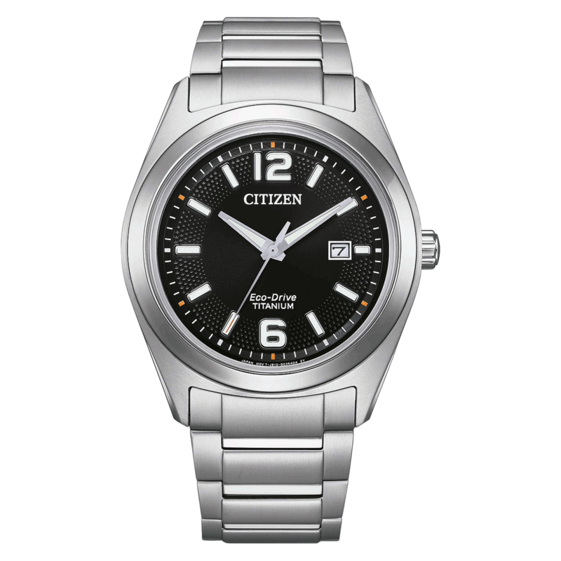 Citizen-Uhr mit schwarzem Zifferblatt und silbernem Titanarmband