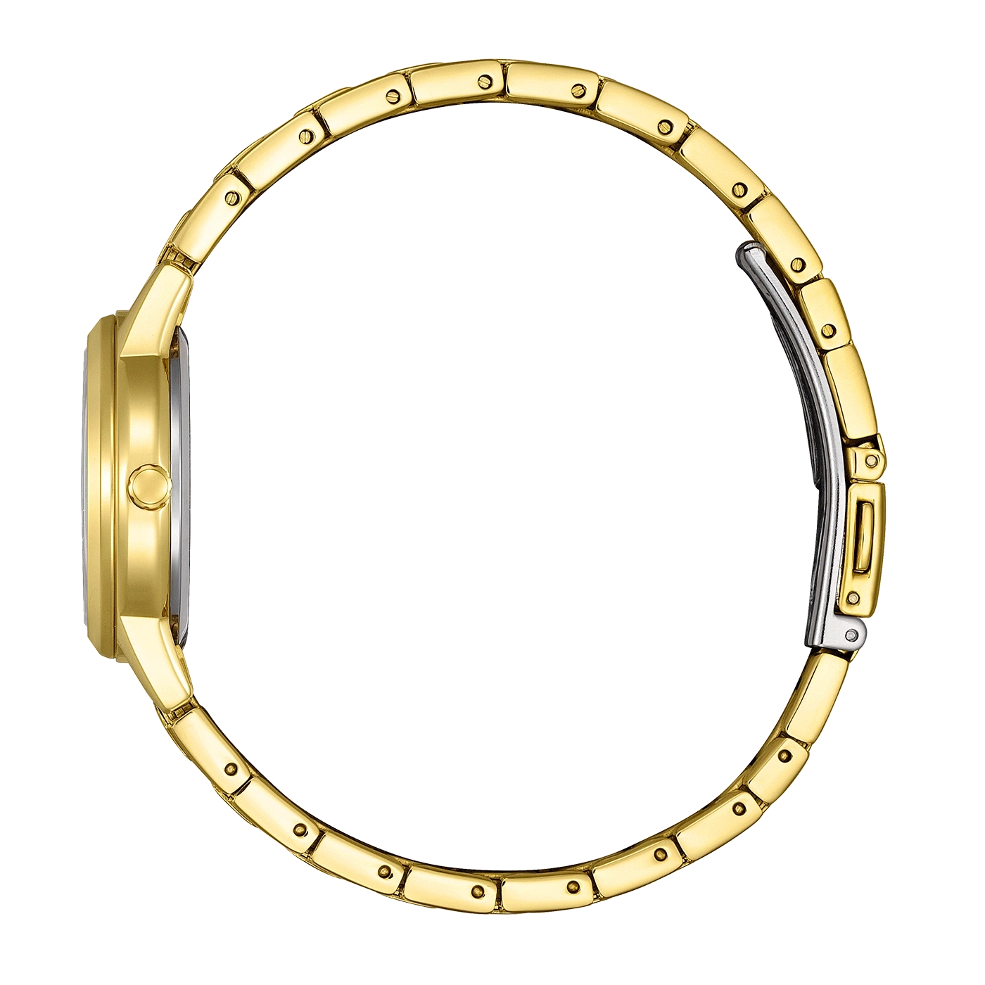 Goldene Uhr, Seitenansicht, mit goldenem Armband und silberner Schließe.