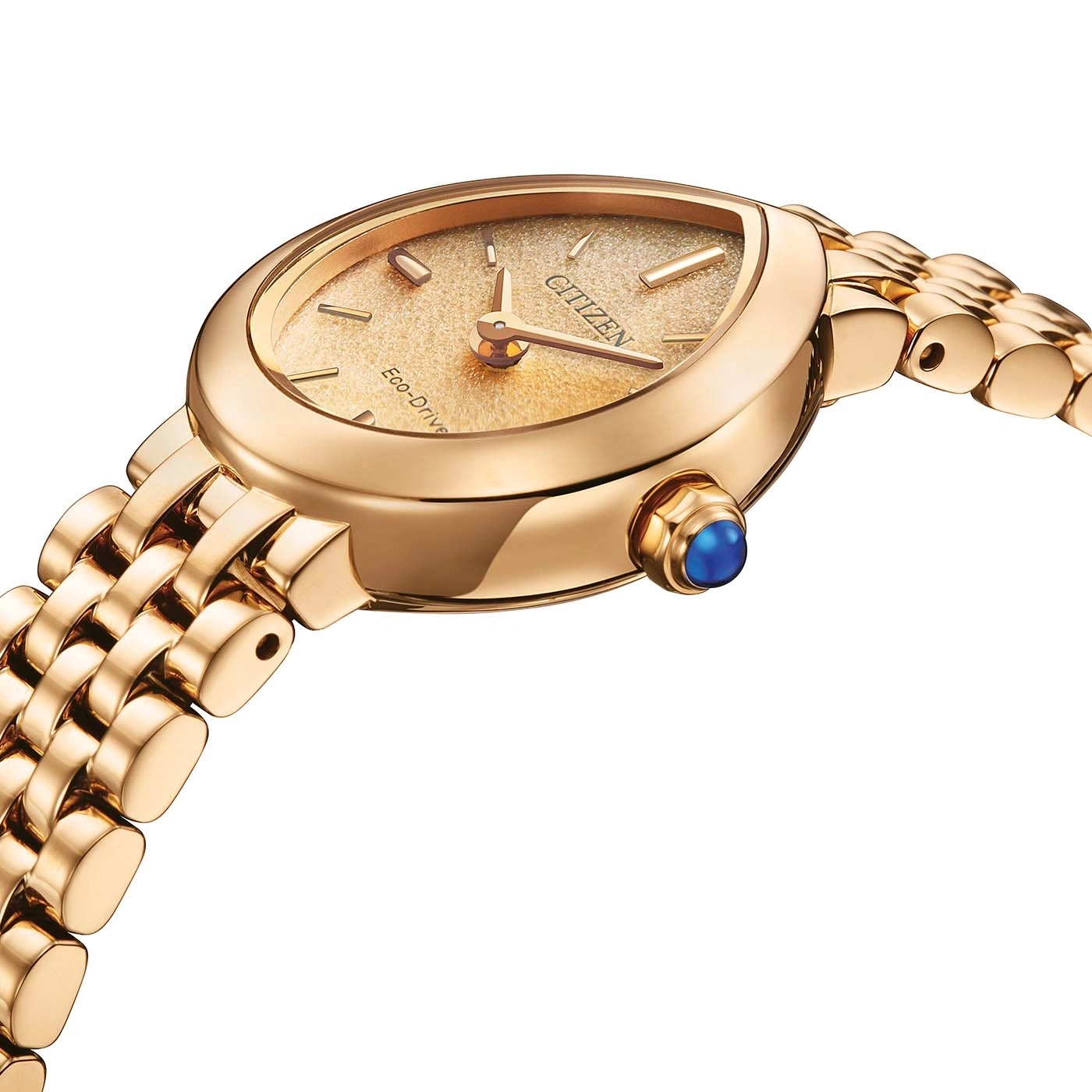 Goldene Citizen Eco-Drive Uhr mit blauer Ziersteinfunktion.