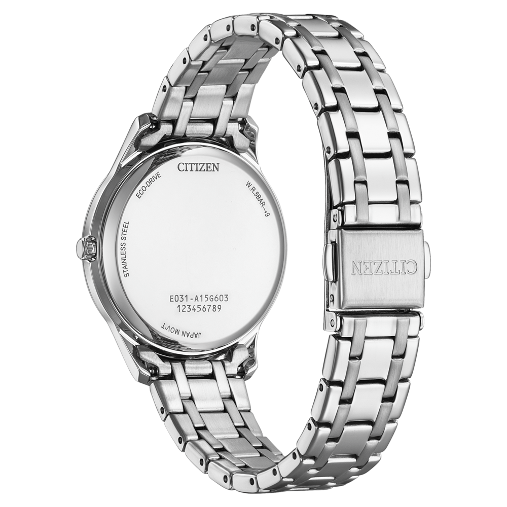 Citizen-Uhrrückseite, Edelstahl, Eco-Drive, Japan Mov't, W.R.5BAR-9, Modellnummer.