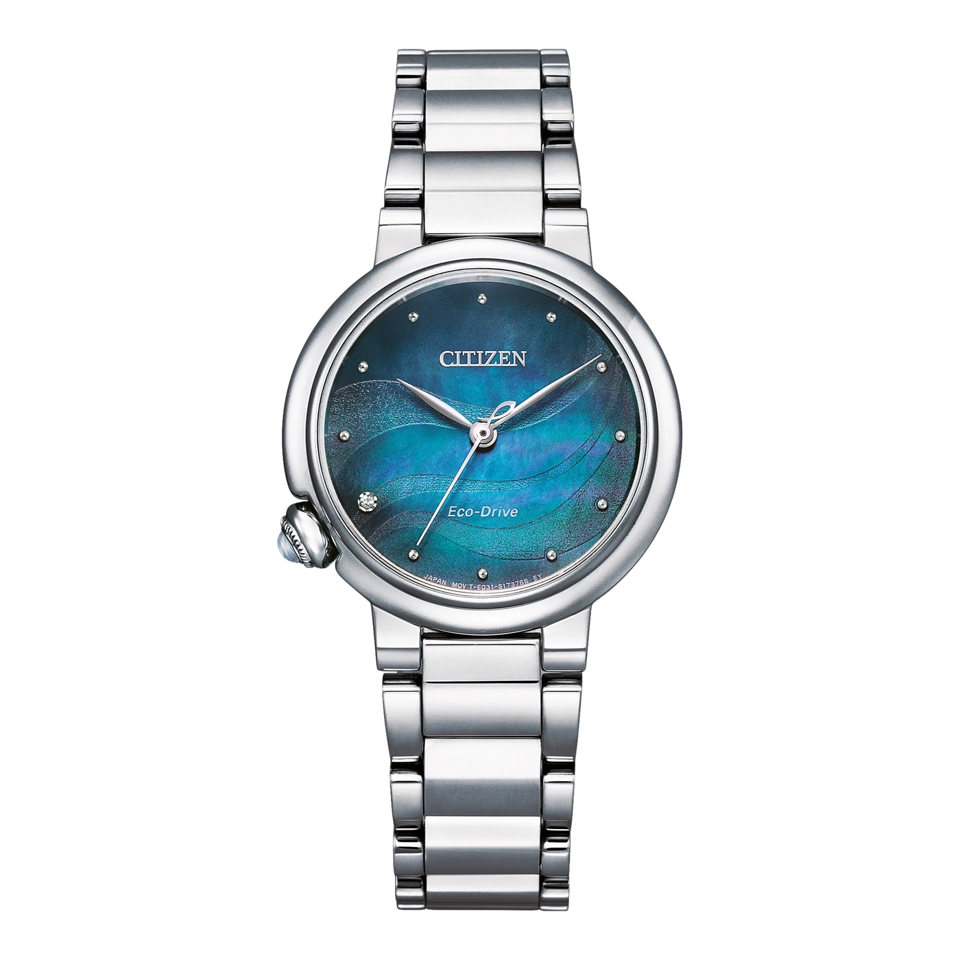 Citizen Eco-Drive Uhr mit blauem Zifferblatt und silbernem Armband.