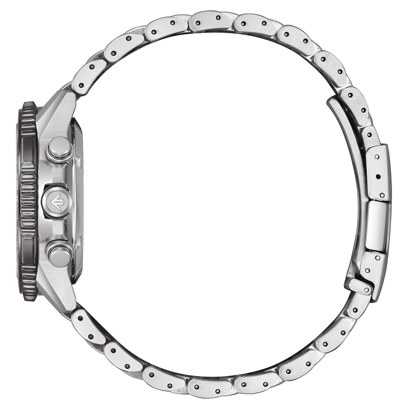 Seitenansicht einer silbernen Armbanduhr mit Metallband und schwarzem Zifferblatt.
