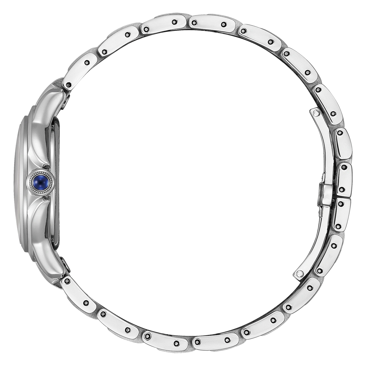 Seitenansicht einer silbernen Armbanduhr mit blauem Edelstein und Metallband.