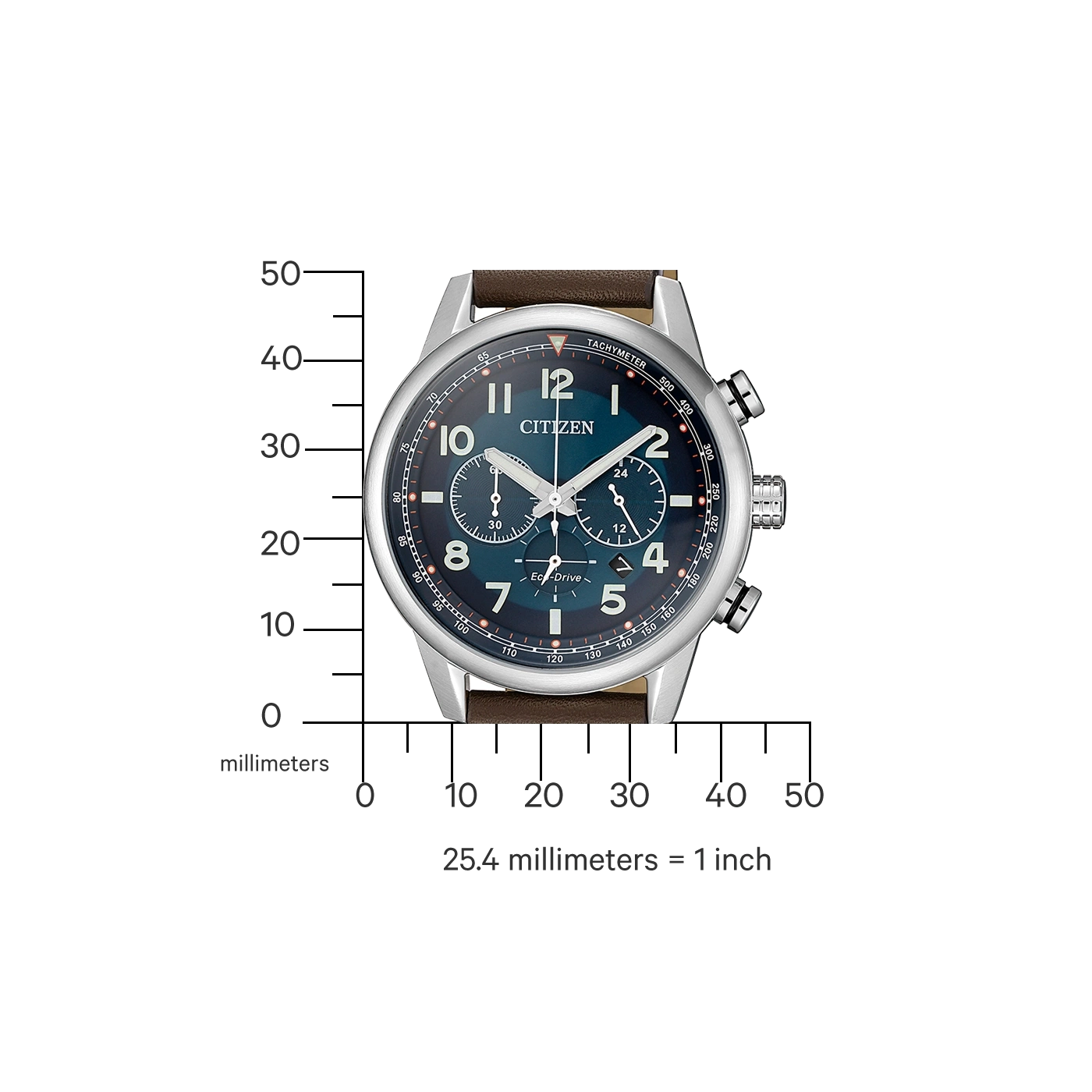 Citizen-Uhr mit braunem Lederarmband, Tachymeter und Eco-Drive-Technologie.