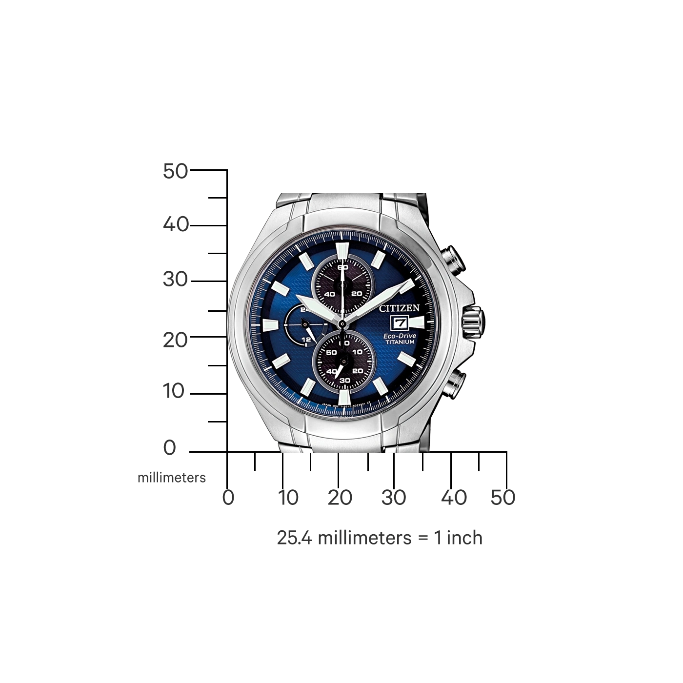 Citizen-Uhr mit blauem Zifferblatt, Titan, Eco-Drive, Chronograph und Datumsanzeige.