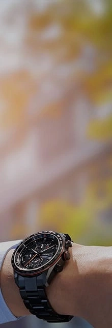 Nahaufnahme einer schwarzen Uhr am Handgelenk, mit verschwommenem Naturhintergrund.