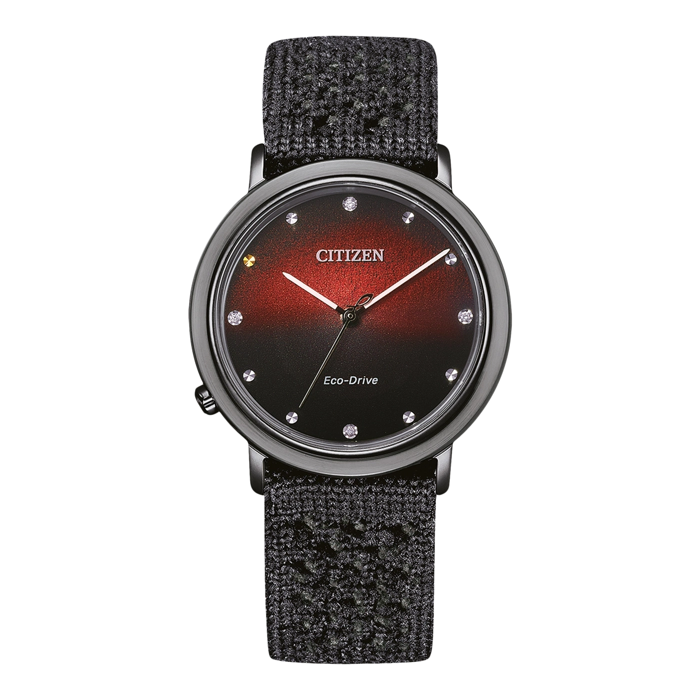 Citizen-Uhr mit schwarzem und rotem Zifferblatt und Stoffarmband.