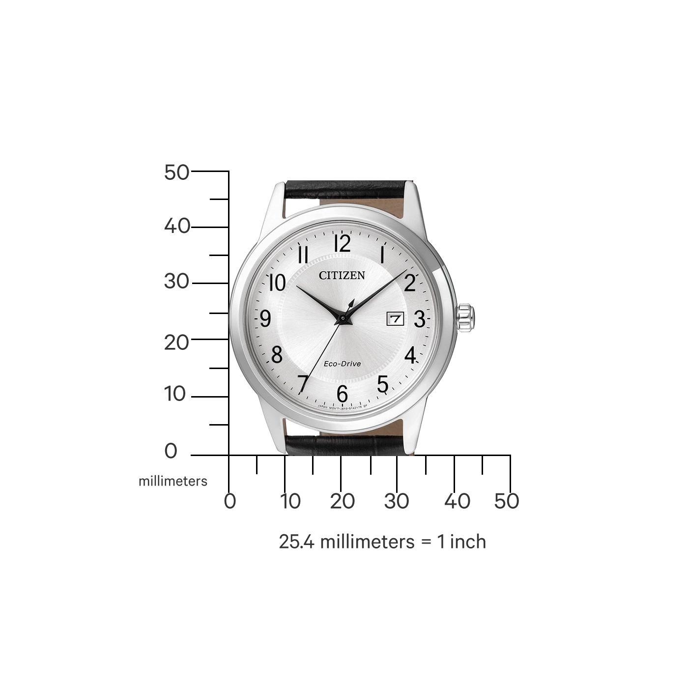 Citizen-Uhr mit silbernem Zifferblatt, schwarzem Lederarmband und Eco-Drive-Technologie.
