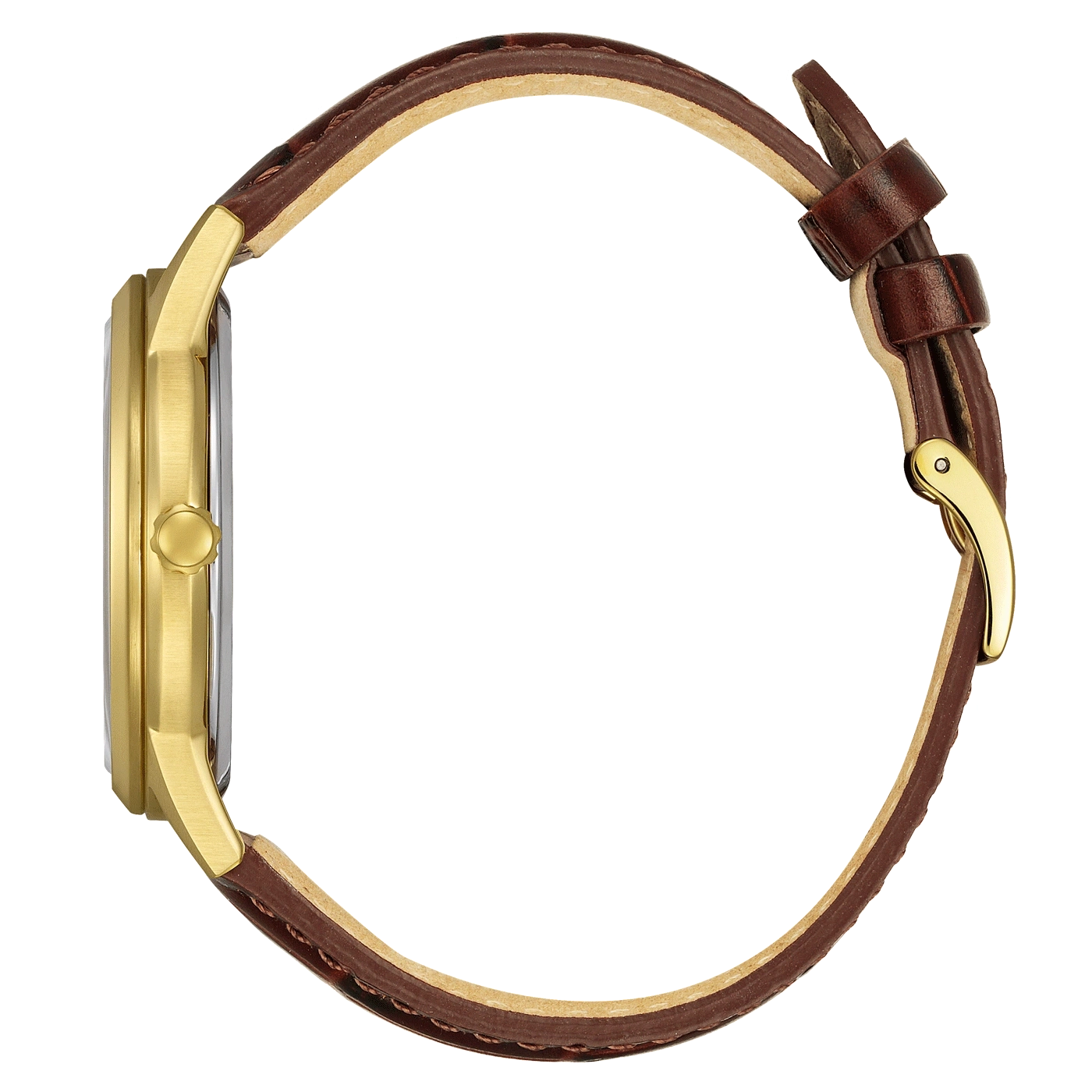 Goldene Uhr mit braunem Lederarmband, Seitenansicht, elegantes Design.