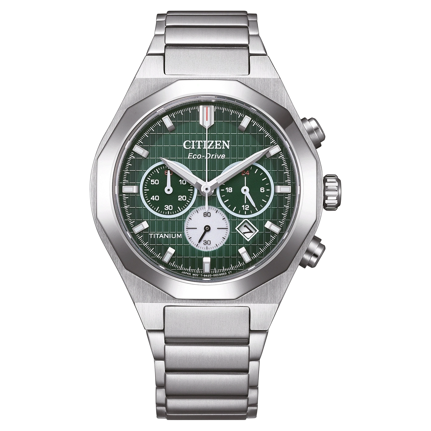 Citizen Eco-Drive Titanuhr mit grünem Zifferblatt und Chronographenfunktionen.
