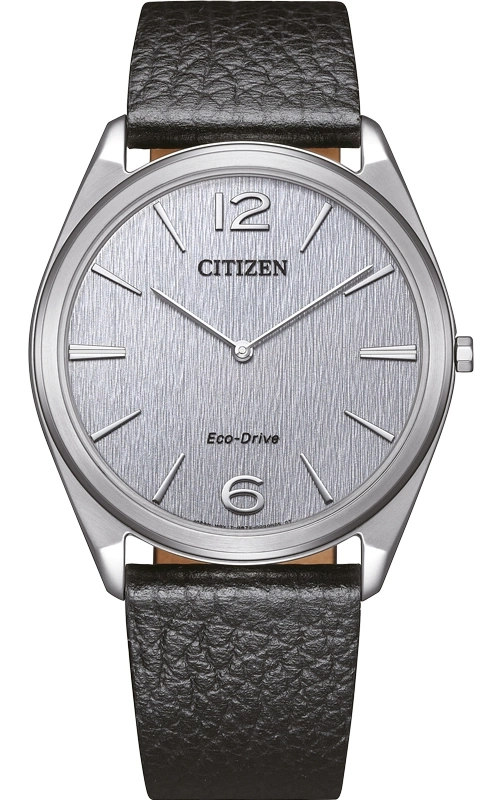 Citizen-Uhr mit silbernem Zifferblatt und schwarzem Lederarmband, Eco-Drive.