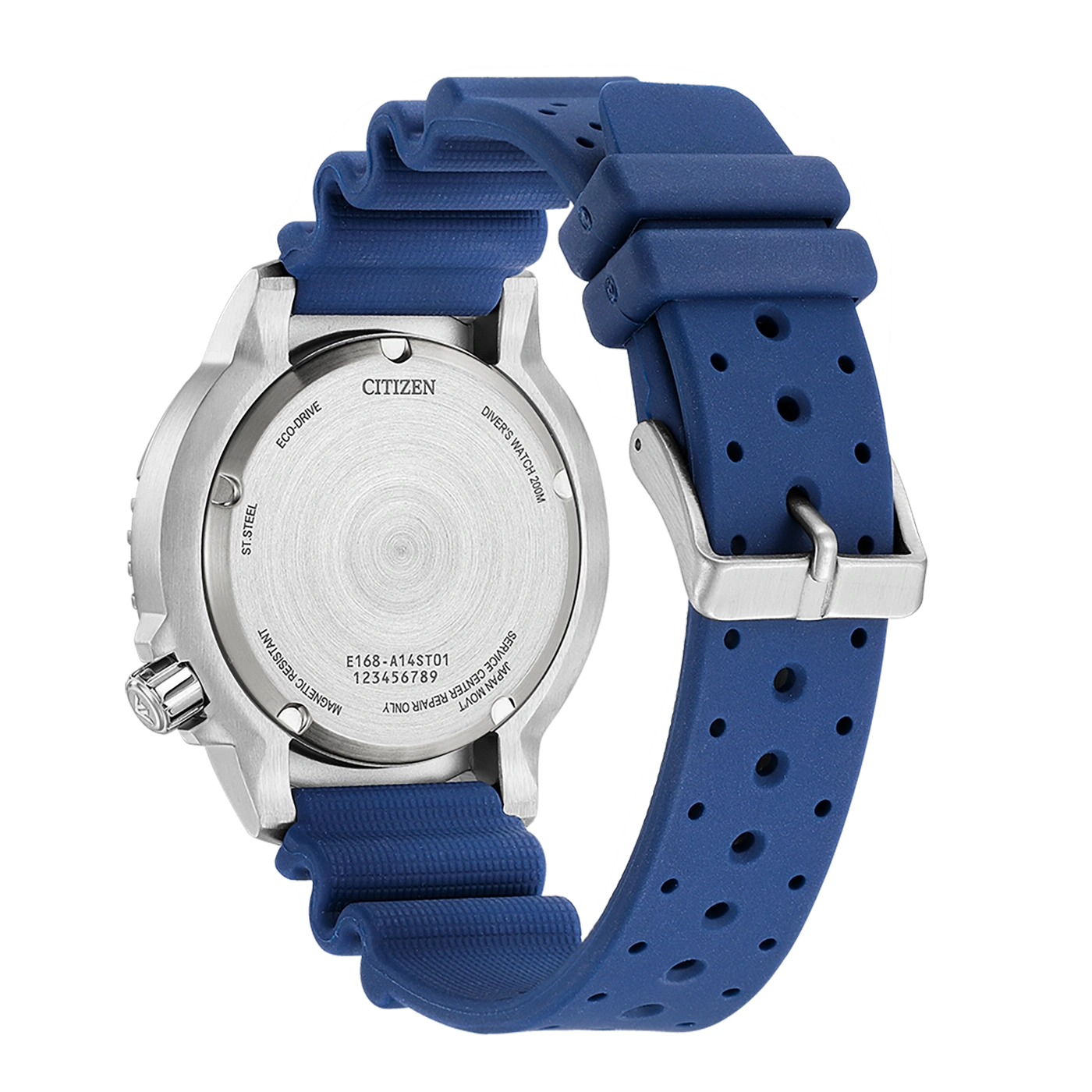 Citizen-Uhrrückseite mit blauem Armband, Eco-Drive, Diver's Watch 200M, magnetisch beständig