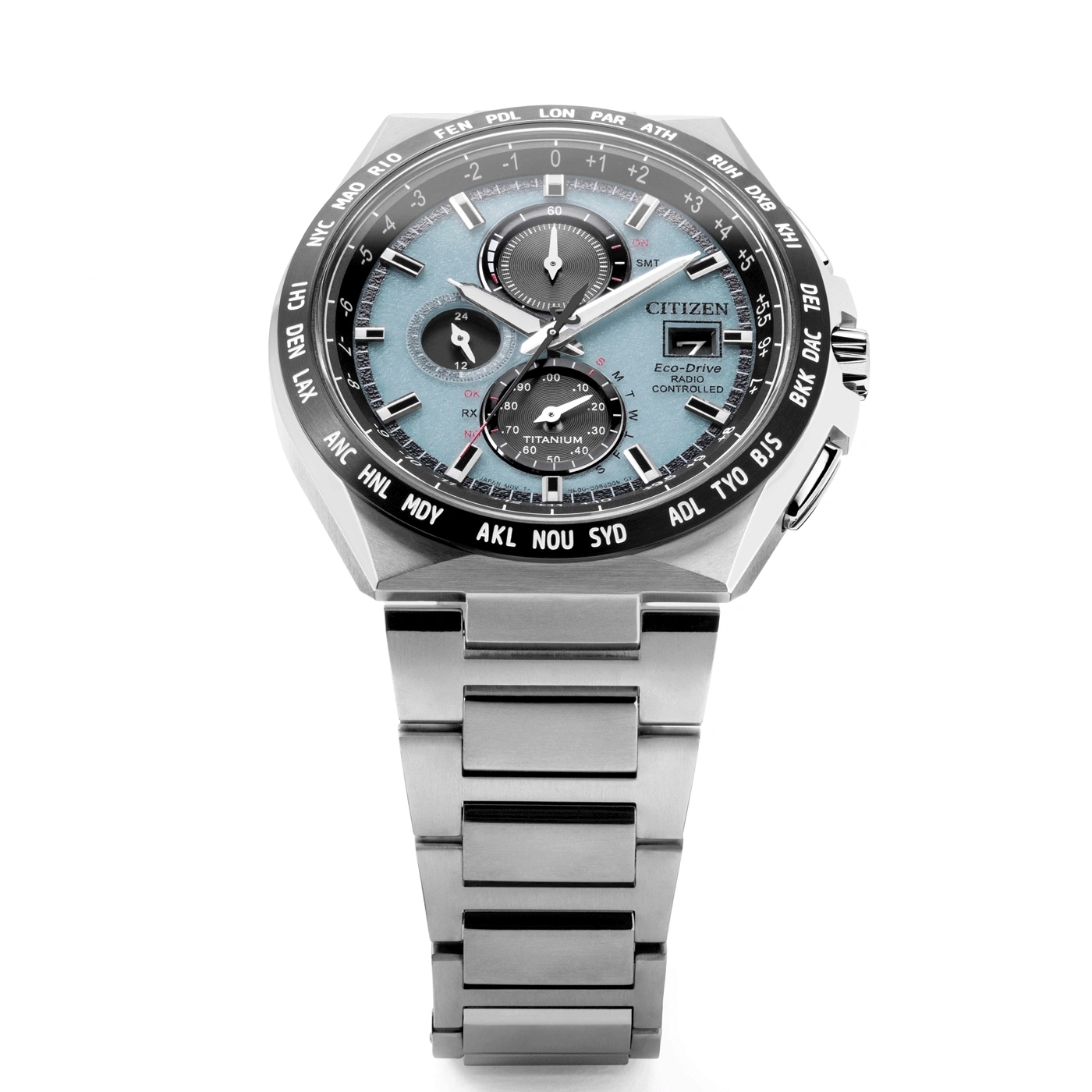 Citizen-Uhr mit blauem Zifferblatt, Titan, Eco-Drive, funkgesteuert, Zeitzonen
