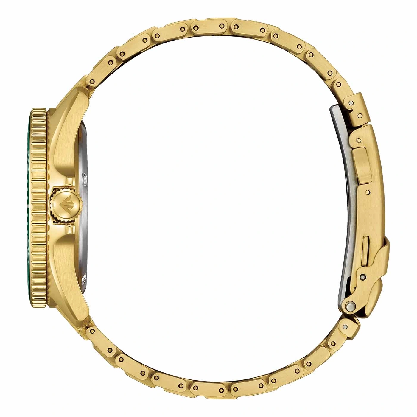 Goldene Uhr Seitenansicht, zeigt Armband und Zifferblattdetails.