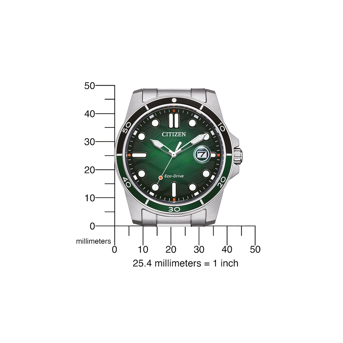 Citizen-Uhr mit grünem Zifferblatt, schwarzer Lünette und silbernem Armband. Eco-Drive-Technologie.