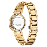 Goldene Citizen-Uhr mit weißem Zifferblatt und goldenem Armband, Rückansicht.