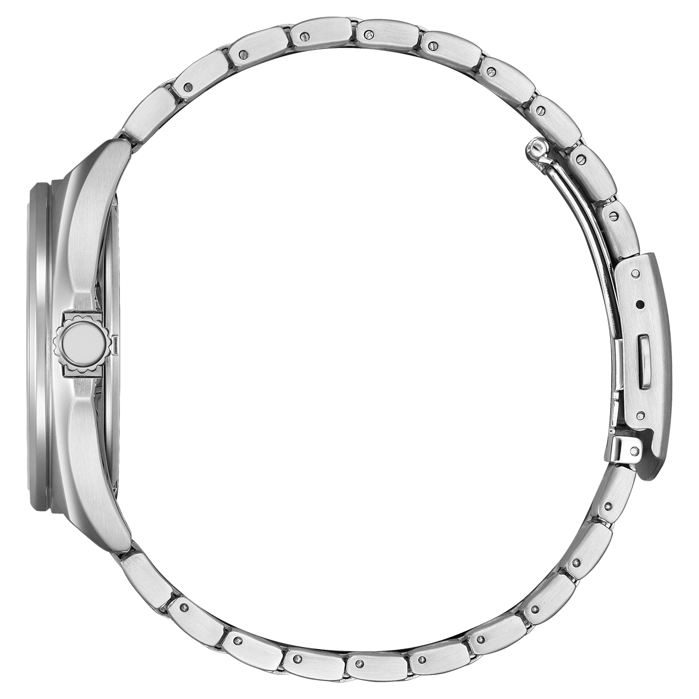 Seitenansicht einer silbernen Armbanduhr mit Metallband und rundem Zifferblatt.